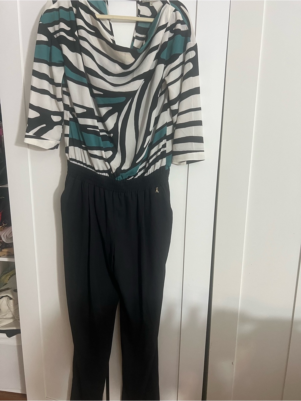 Patrizia Pepe Teal, Black & White Striped Cowl-Neck Jumpsuit
